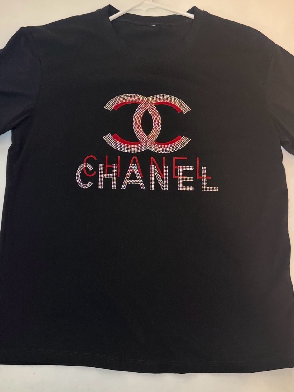 CHANEL Black Short Sleeve Shirt with Red and Silver Logo